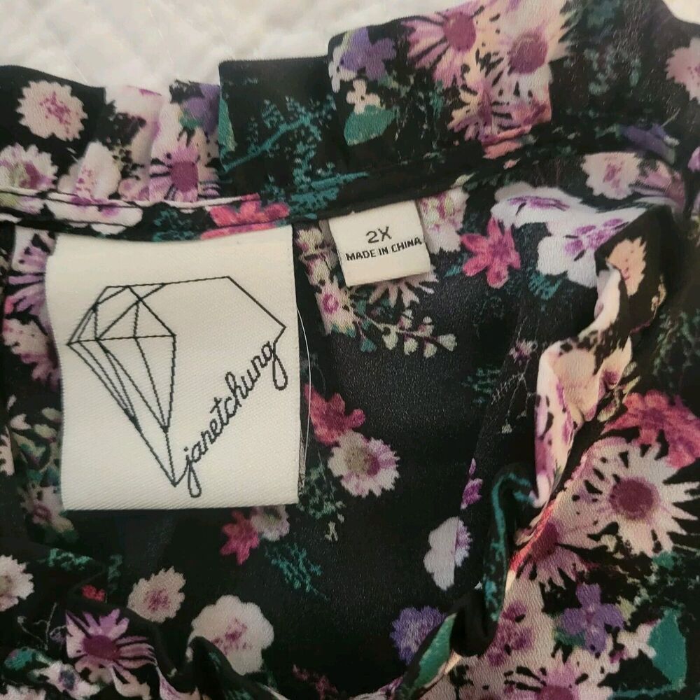 Janet Chung Peplum Floral Chiffon Top Black Purple Pink Flowers Ruffle Sleeve 2X - Picture 11 of 13